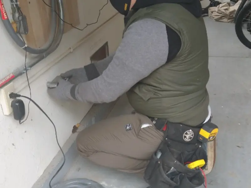 Electrician performing outlet wiring in a Progreso garage
